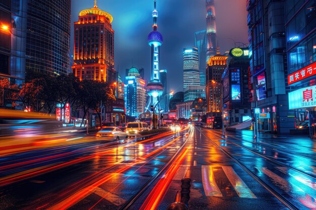 the light trails on the street in shanghai china