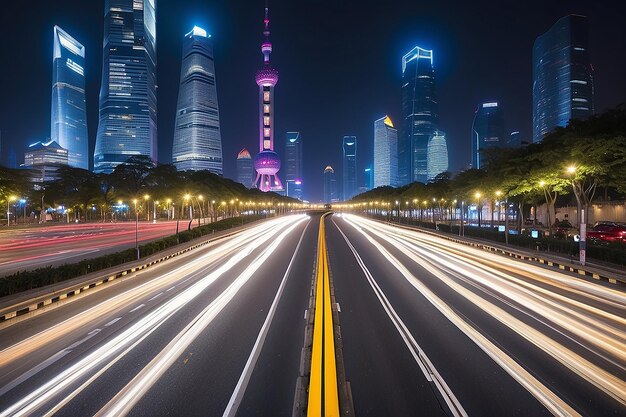 Photo the light trails on the street in shanghai china