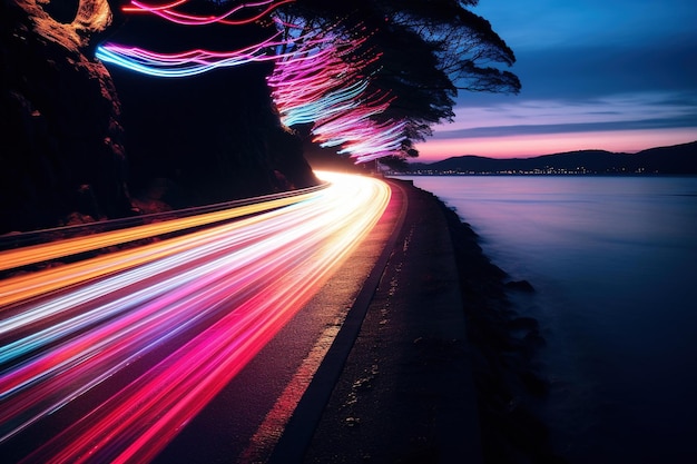 Photo light trails of various colors captured in a long exposure shot