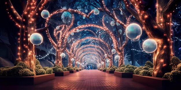 Light tunnel on city streets with decorations and garlands