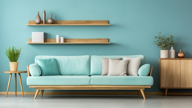 明るいターコイズ色のソファと青緑の壁の近くの木製の棚ユニット北欧インテリア デザイン