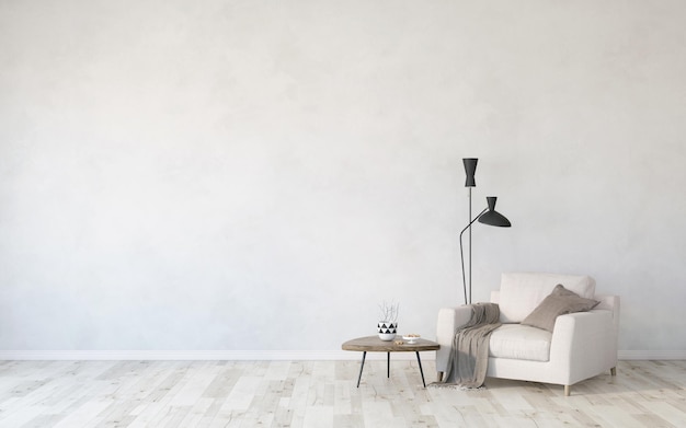 Light wall mockup with armchair and coffee table
