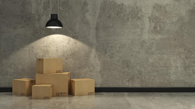 A light on a wall with a stack of boxes on it