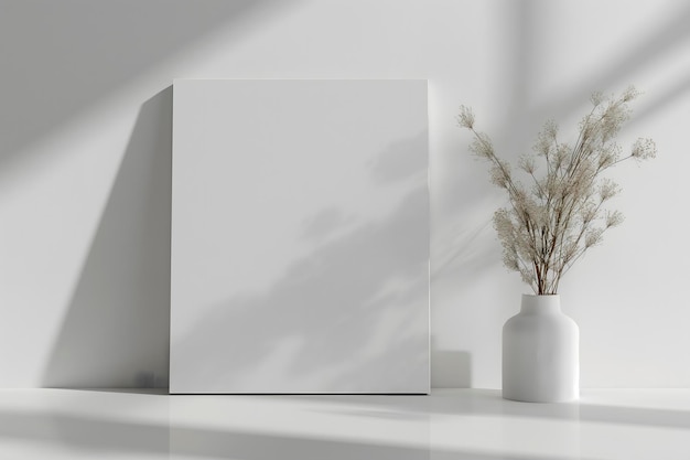 A light wall with a white empty frame and a composition of dried plants in a vase creates a serene atmosphere to showcase design concepts Suitable for website banners