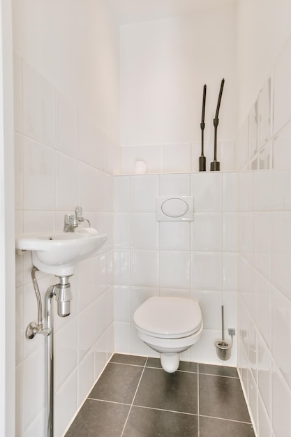 Light washroom with black tiled floor