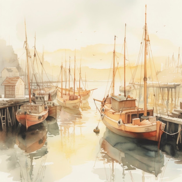 Light watercolor boats at the harbor on white background Generate Ai