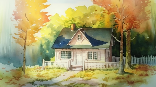 Light watercolor cottage in the woods