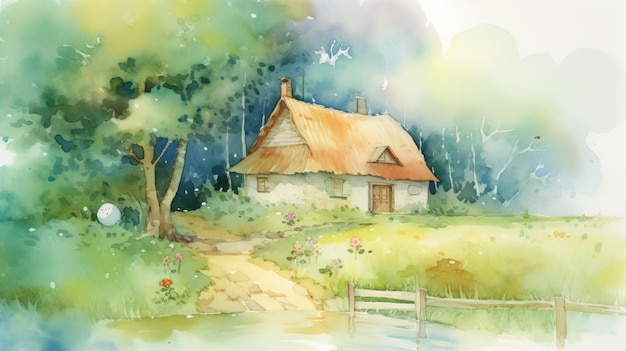 Light watercolor cottage in the woods