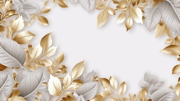 Light white background with shiny golden frame and leaves Generative AI