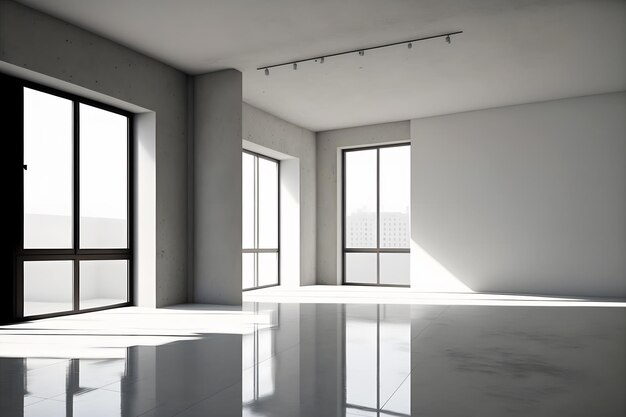 큰 창문이 있는 밝은 흰색 방은 가구 신경망 생성 예술 없이 완전히 비어 있습니다.
