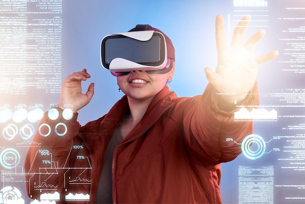Light woman or virtual reality glasses with hologram for digital transformation 3d charts or graphs online Girl with vr headset in holographic cybersecurity technology for big data or future news