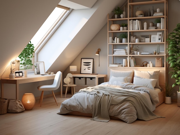 軽い木製の寝室のインテリアは,快適な家具を備えています AI生成された