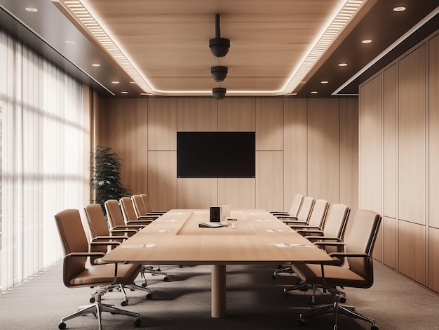 Light wood conference room showcasing professional decor AI Generated