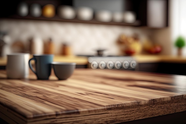 ぼやけたキッチンの背景に明るい木製のテーブル モンタージュ製品表示用のモダンな木製テーブル モックアップ ジェネレーティブ AI イラスト