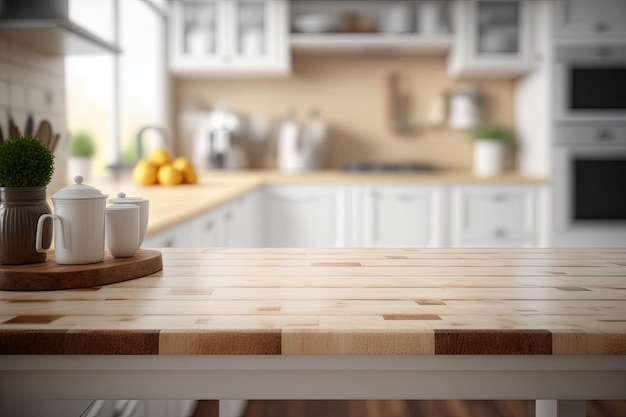 Light Wood Table on Blurred Kitchen Background Modern Wooden Table Mockup for Montage Product Display Generative AI Illustration