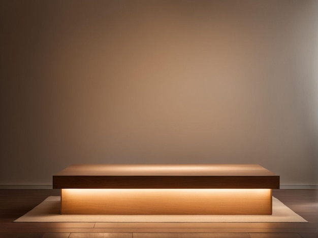 a light on a wooden bench is lit up by a light wooden platform podium with soft ambient lighting