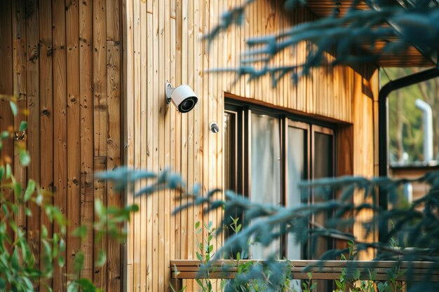 a light on a wooden building with a window that says  outdoor