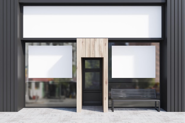 Light wooden and dark gray stone cafe facade with two horizontal posters and a glass door. 3d rendering mock up