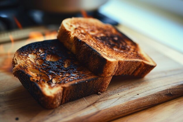 Photo on a light wooden surface two burnt slices of toast create a vivid contrast with their dark crispy exteriors evoking the everyday breakfast experience