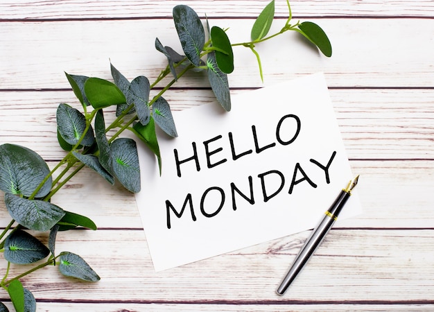 On a light wooden table, there is a eucalyptus branch, a fountain pen and a sheet of paper with the text HELLO MONDAY