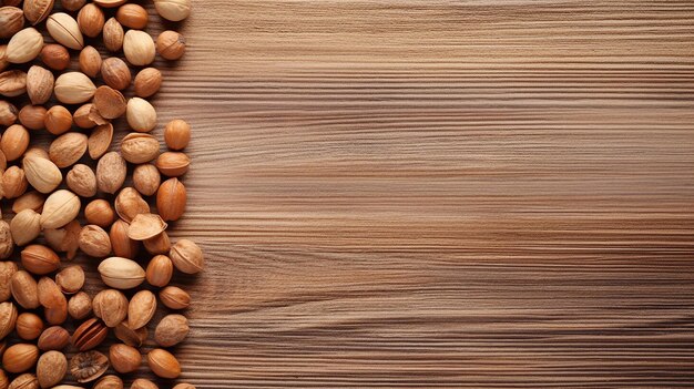 Light wooden texture background with Frame scattered Various Nuts