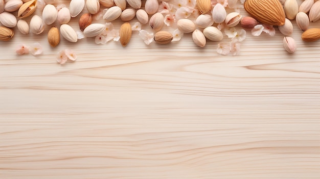 Light wooden texture background with Frame scattered Various Nuts