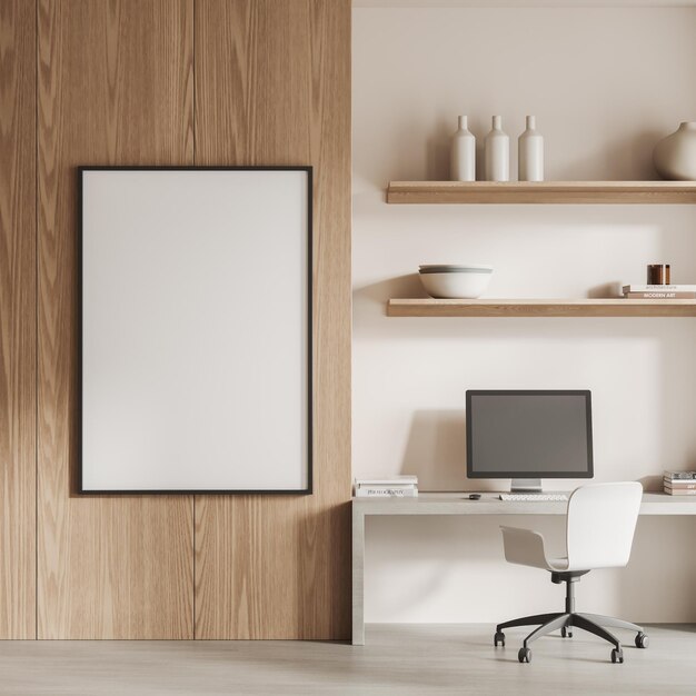 Light workplace interior with desk and pc computer decoration Mockup frame