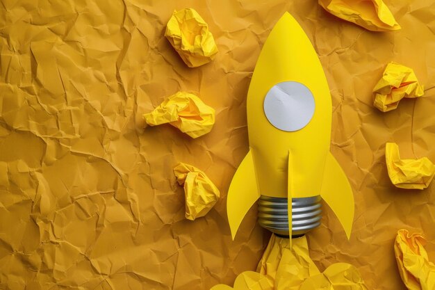 Photo light yellow bulb brainstorming concept rocket shape