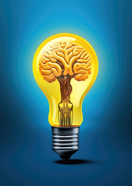 Light yellow bulb with a lot of ideas brainstorming brain good memory shape generative ai