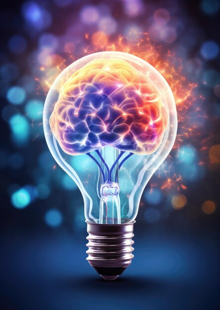 Light yellow bulb with a lot of ideas brainstorming brain good memory shape Generative Ai