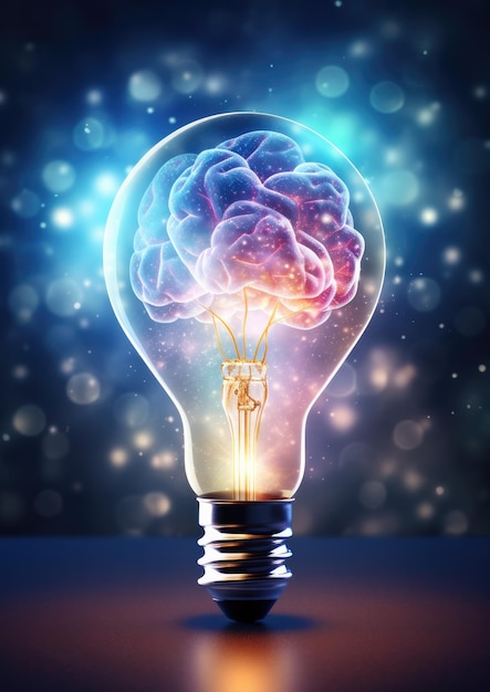 Foto lampadina gialla luminosa con un sacco di idee brainstorming cervello buona forma di memoria generativa ai