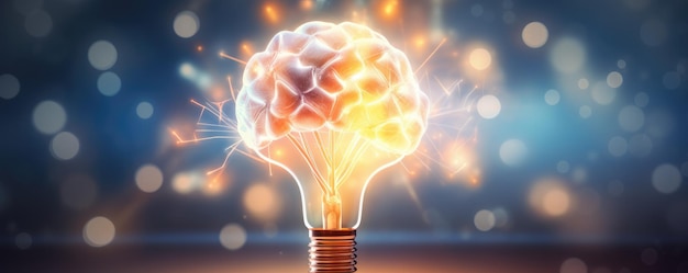 Light yellow bulb with a lot of ideas brainstorming brain memory panorama banner Generative Ai