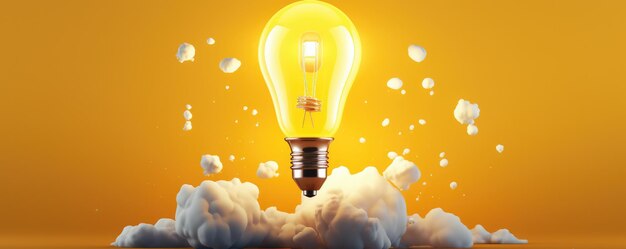 Light yellow bulb with a lot of ideas brainstorming concept rocket panorama generative ai