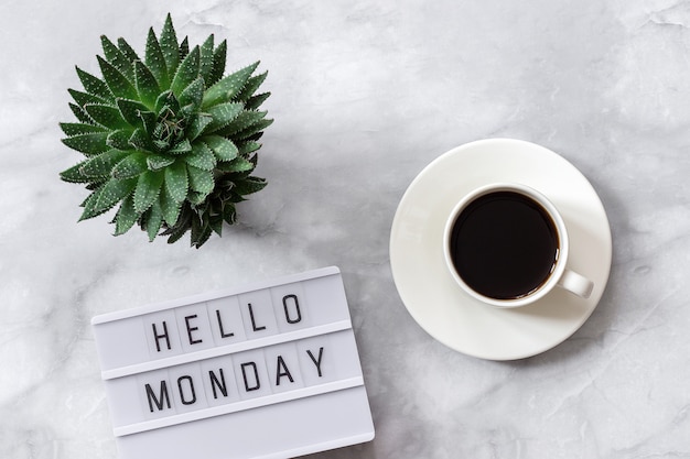 Photo lightbox text hello monday, cup of coffee, succulent on marble background