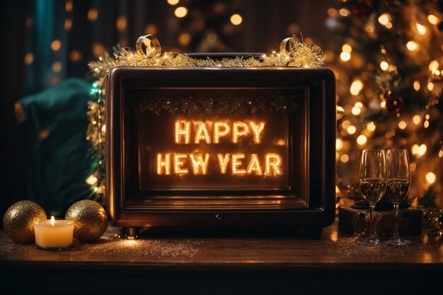 lightbox with text happy new year and led lights blurred bokeh background christmas decoration