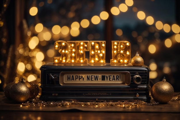 lightbox with text happy new year and led lights blurred bokeh background christmas decoration