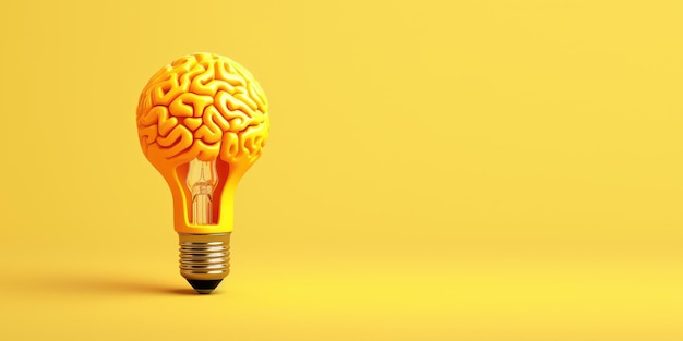 Lightbulb as brain shape yellow background creative ideas and brainstorming concept Generative AI