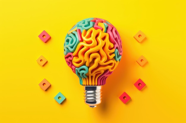 Photo lightbulb as brain shape yellow background creative ideas and brainstorming concept generative ai