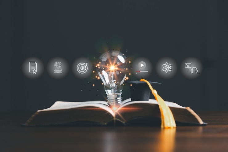 Photo lightbulb on book with education elearning icons internet education course degree study knowledge to creative thinking idea and solving solution elearning graduate certificate program concept