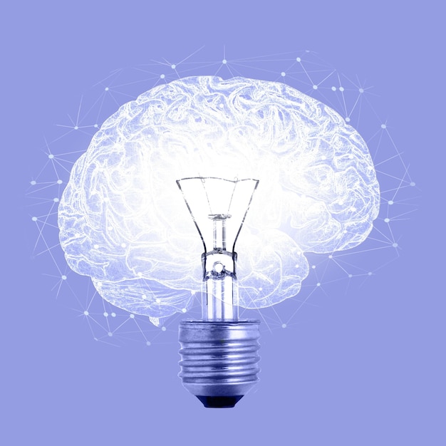 Foto idea astratta del cervello della lampadina e pensiero per la strategia e la soluzione dell'innovazione creativa con la visione potere della mente mentale e scienza neurologica per il brainstorming o le idee della rete di energia naturale