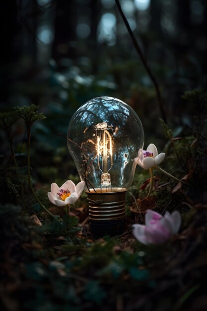 A lightbulb in a dark forest with flowers on the ground.