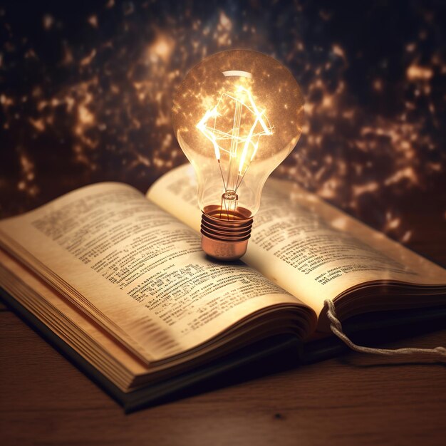 Photo lightbulb floating from open book