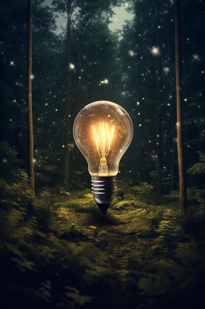 A lightbulb in the forest with a lightbulb in the middle