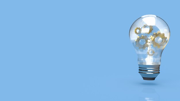 La lampadina e l'ingranaggio per il rendering 3d di un'idea o di un concetto di business