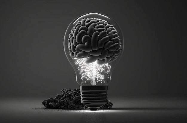 Lightbulb and Human Brain with Inside a lightbulb is a luminous human brain against a dark background Generative AI