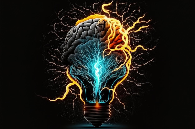 Lightbulb and Human Brain with Inside a lightbulb is a luminous human brain against a dark background Generative AI