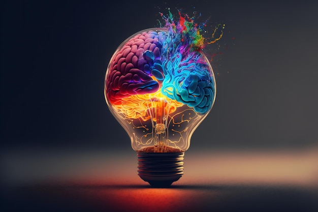 A lightbulb illuminating above a brain, representing the spark of a new idea.