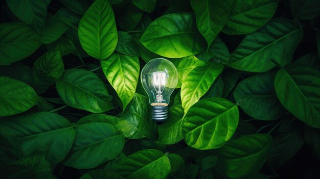 A lightbulb is surrounded by green leaves and a lightbulb is in the middle of the picture