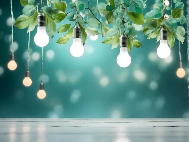 Photo lightbulb and leaves wallpaper with copy space energyefficient concept lightbulb and ecofriendly