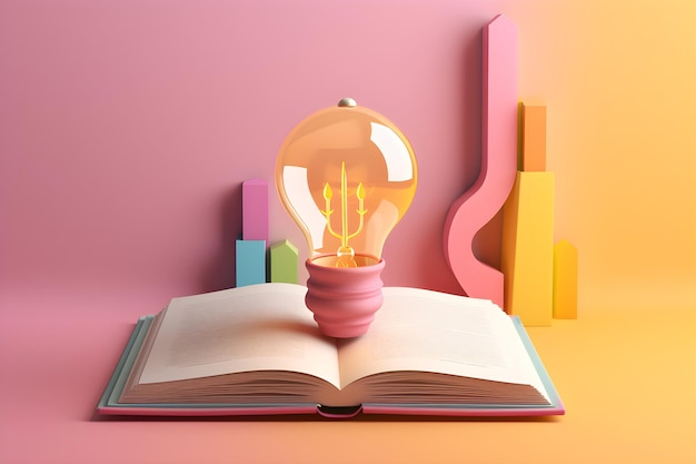 A lightbulb sits on a book open to a pink background.